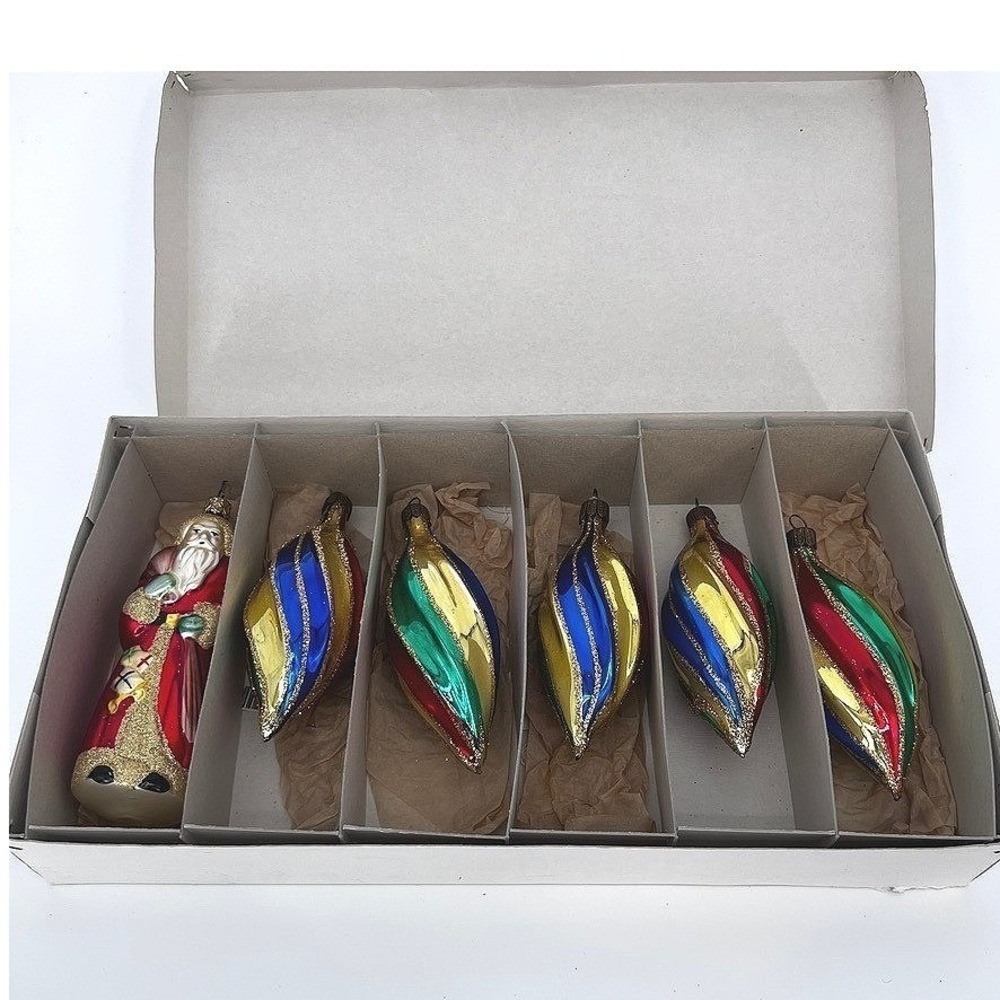 Christmas Ornaments Blown Glass VTG Holiday Teardrop Mica Swirl Glitter + Santa